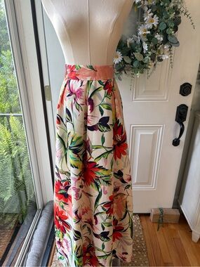 Eliza J Cream Maxi Skirt with Bold Pink, Red & Green Floral Print